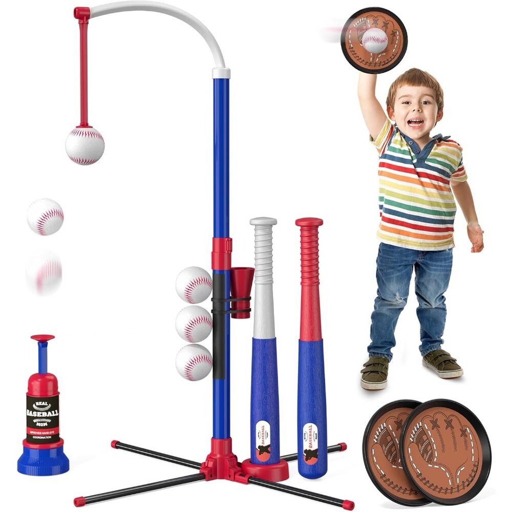 4 in 1 T Ball Sets for Kids 3-5 with Toss and Catch Ball Set, Hanging Tee Stand